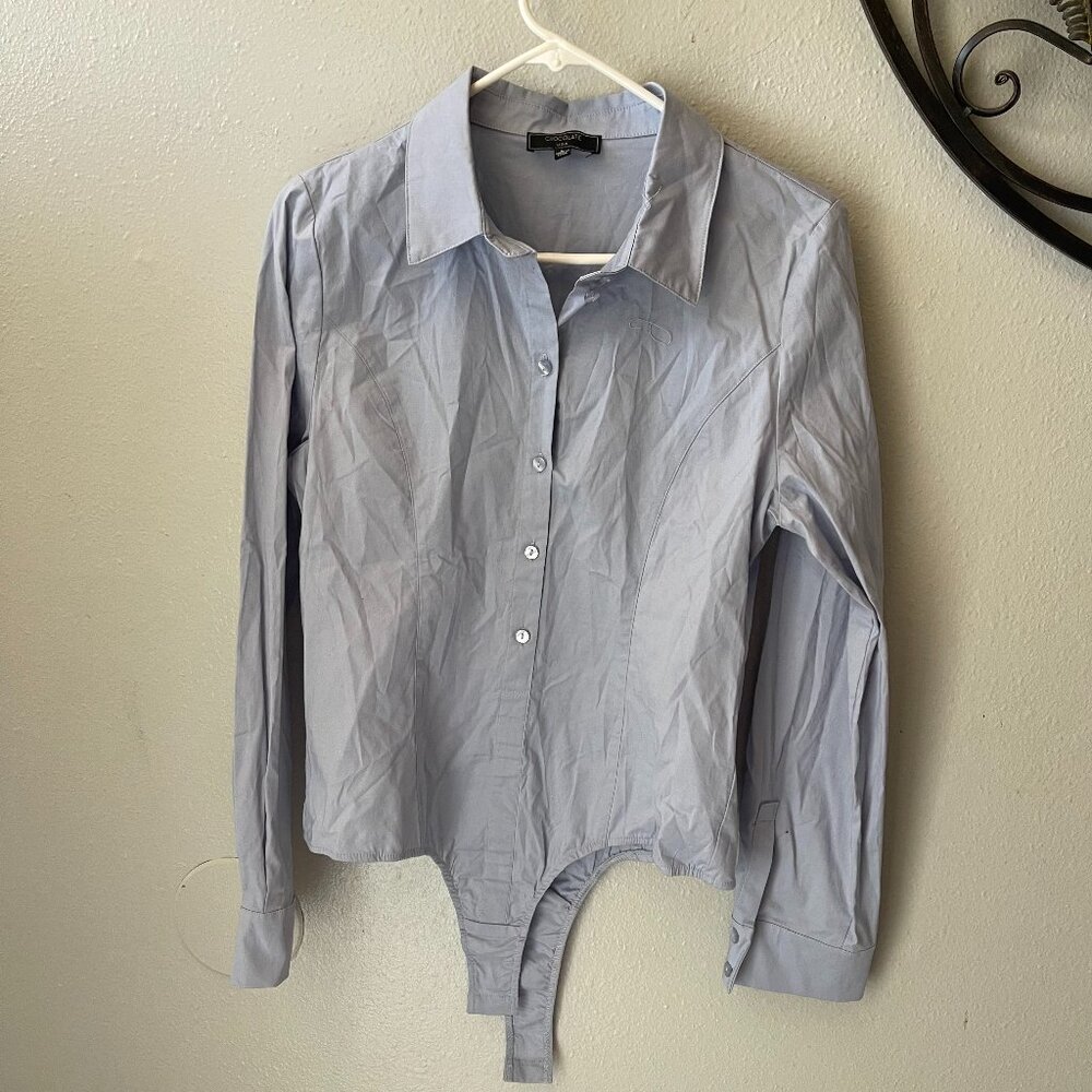 chocolate Women Long Sleeve Button-Down Bodysuit Shirt Light Blue Cotton/Spandex